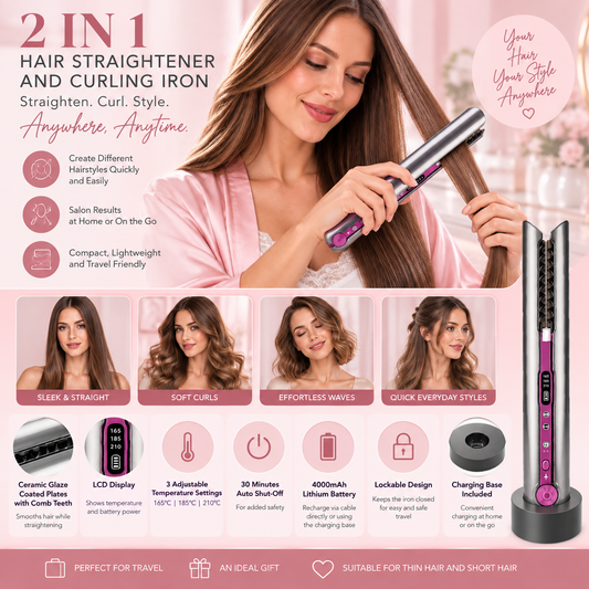 2-in-1 Rechargeable Cordless Flat Iron Hair Straightener Hair Curler