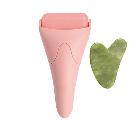 Face ice roller with gel cooling head and gua sha board in Pink