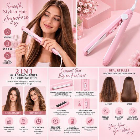 2 In 1 Mini Curler And Hair Straightener, Pink